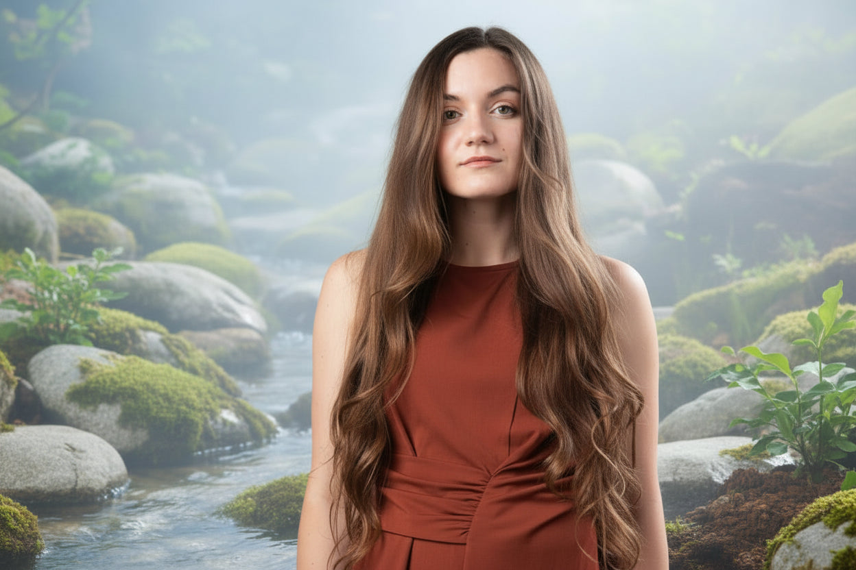 Mergina banguotais ilgais rudais plaukais pakėlusi kairę ranką į viršų reprezentuoja Kapha došą