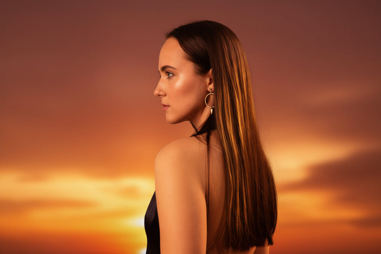 Mergina ilgais tamsiais lygiais plaukais pasisukusi šonu žiūri į tolį iki pusės simbolizuojanti Pitta došą