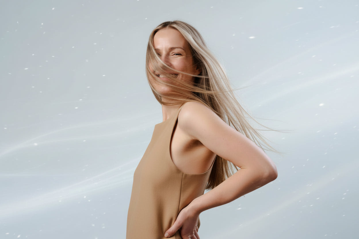 Mergina ilgais šviesiais plaukais pasiskusi šonu iki pusės simbolizuojanti Vata došą